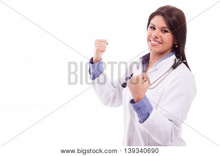 Beautiful nurse finsh work success, isolated on white