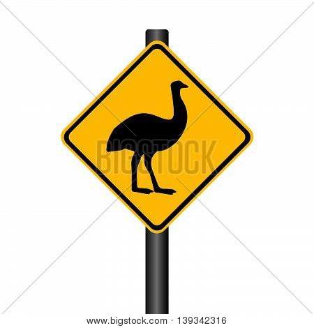 Vector Black Emu on Yellow Warning Signpost Illustration