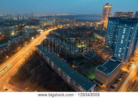 Residential area Shchukino and Strogino bay at night in Moscow, Russia