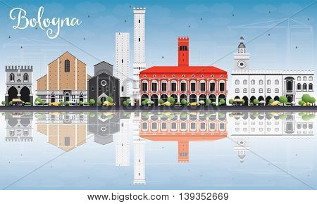 Bologna Skyline with Landmarks, Blue Sky and Reflections. Vector Illustration. Business Travel and Tourism Concept with Historic Buildings. Image for Presentation Banner Placard and Web Site.