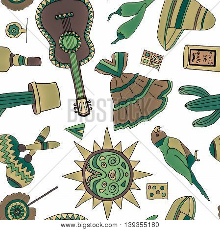 Seamless pattern with hand drawn mexican elements. Perfect background for your design. Travel to Mexico texture.