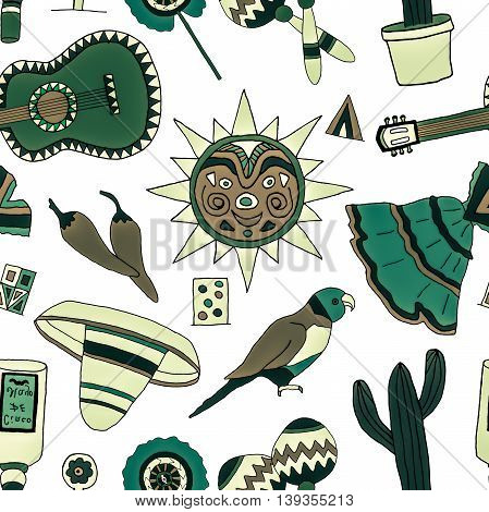Seamless pattern with hand drawn mexican elements. Perfect background for your design. Travel to Mexico texture.