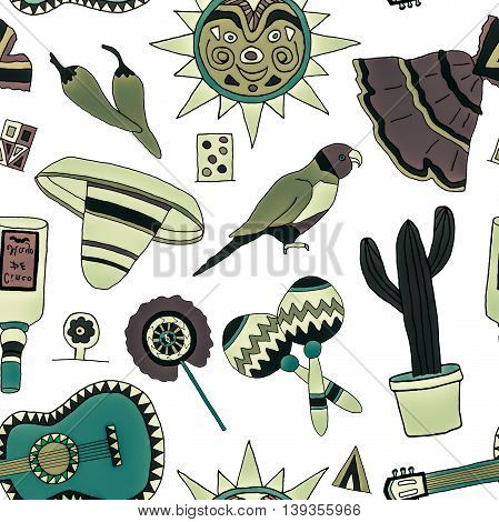 Seamless pattern with hand drawn mexican elements. Perfect background for your design. Travel to Mexico texture.