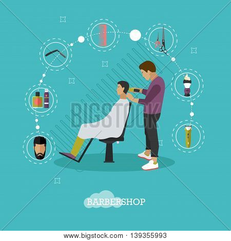 Barbershop concept vector illustration in flat style. Hair salon design elements and icons. Barber shop and hair cut for man.