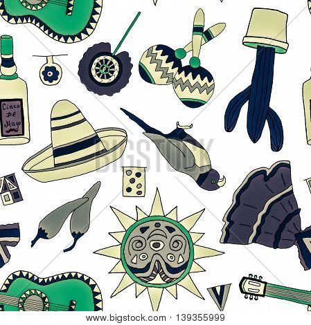 Seamless pattern with hand drawn mexican elements. Perfect background for your design. Travel to Mexico texture.