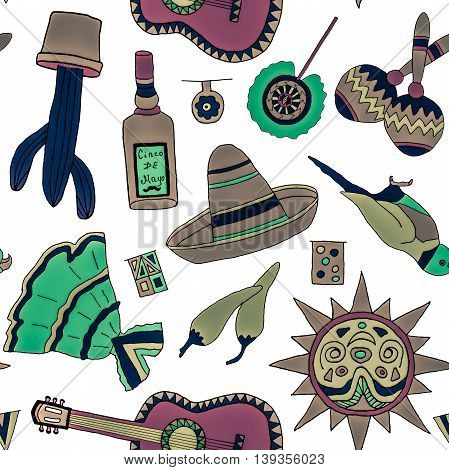 Seamless pattern with hand drawn mexican elements. Perfect background for your design. Travel to Mexico texture.