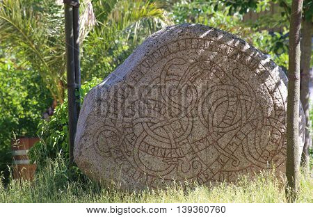Historic Rune Stone At The Castle In Trelleborg, Sweden