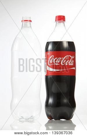 Kuala Lumpur Malaysia,18th July 2016,1.5 litre cocacola drinks and empty bottle on the white background