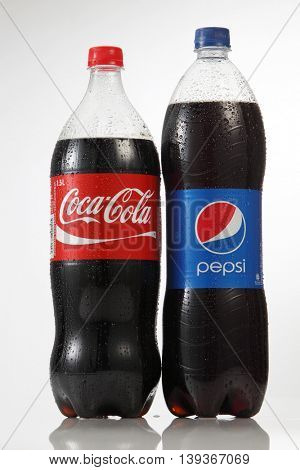 Kuala Lumpur Malaysia,18th July 2016,Bottles of 1.5 litre Coca Cola and Pepsi isolated on white background