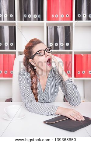 Bored Business Woman Yawning. Overwork Concept
