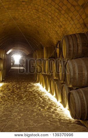 Wine barrels stacked in the old cellar of the winery.