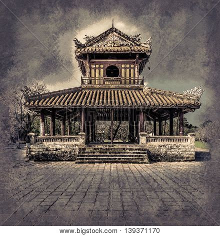 The temple in the Imperial Palace citadel at Hue in Vietnam. Hue, a UNESCO World Heritage site. Vintage painting, background illustration, beautiful picture, travel texture