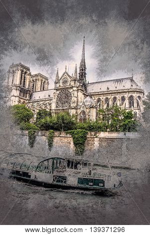 notre-dame church, tourist boat, view from Seine, southern facade. Vintage painting, background illustration, beautiful picture, travel texture