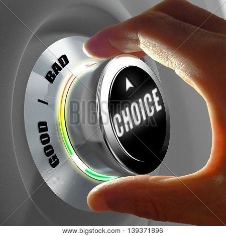 Hand selecting a good or a bad choice. Concept of making a decision. 3D Rendering