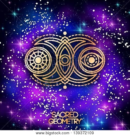 Sacred Geometry Emblem with Double Moon, Sun and Eye on Shining Galaxy Space Background. Vector illustration. Geometric Logo Design. Alchemy Symbol, Occult and Mystic Sign.