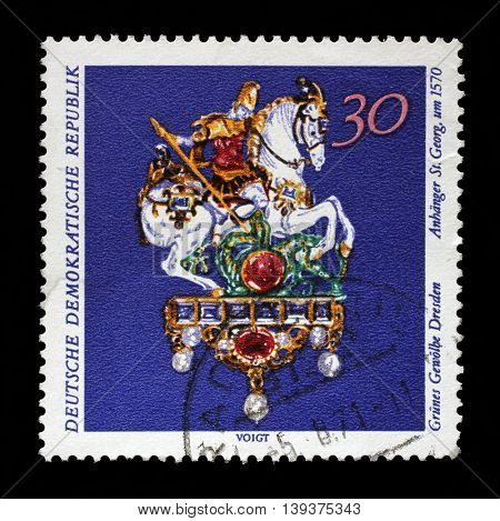 ZAGREB, CROATIA - JULY 03: A stamp printed in GDR from the Art, The Grnes Gewolbe, Dresden issue shows St. George, circa 1971, on July 03, 2014, Zagreb, Croatia