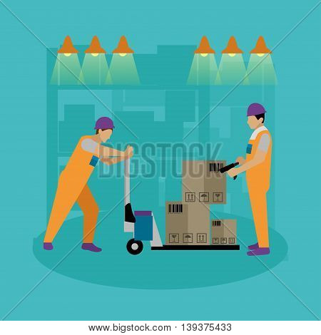 Logistic and delivery service concept banner. Warehouse workers. Vector illustration in flat style design. Delivery man working in warehouse and shipping products.