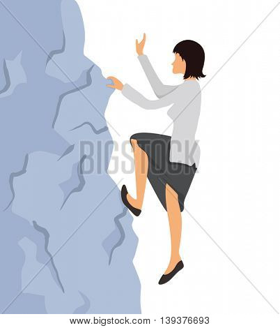 Woman in business clothes climbs on the rock to the mountain top. Reaching the goal concept, vector illustration.