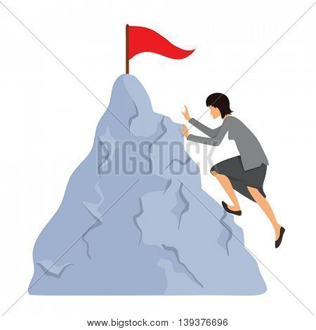 Woman in business clothes climbs to the mountain top. Reaching the goal concept, vector illustration.