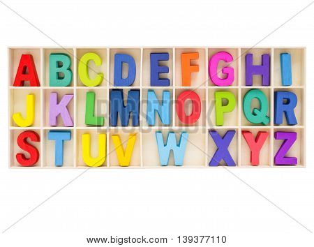 Set of colorful uppercase alphabet english letter a to z collection in wooden box