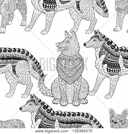 High detailed seamless pattern with pets in zentangle style. Adult coloring page with dogs for anti stress art therapy. Zendoodle template for wrapping or scrapbook paper. Vector.