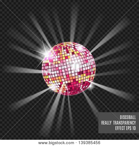Disco ball with glow. Really tranparency effect. Disco background. Template for your design. Pink.