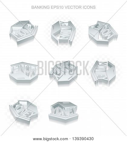 Money icons set: different views of flat 3d metallic Money Box icon with transparent shadow on white background, EPS 10 vector illustration.