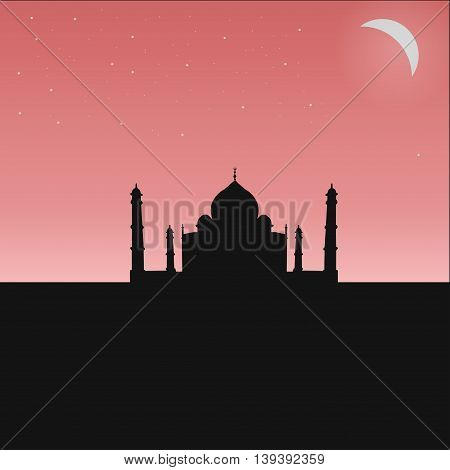 black silhouette of an Indian temple with a gentle pink sky, the moon and stars vecotor illustration, Tourist Attractions Asia