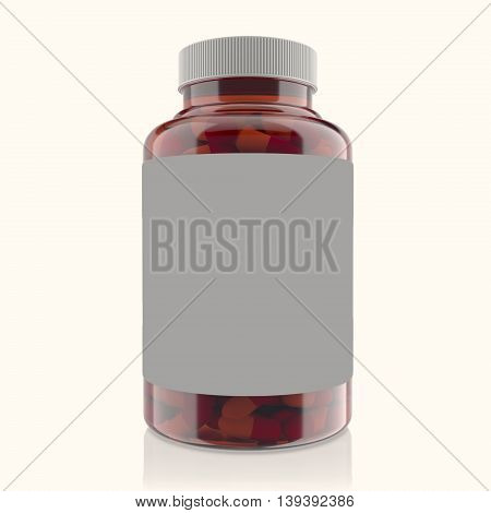 red transparent bottle with vitamins or medicines, gray cover, reflection, isolated on white background. mocap 3d render