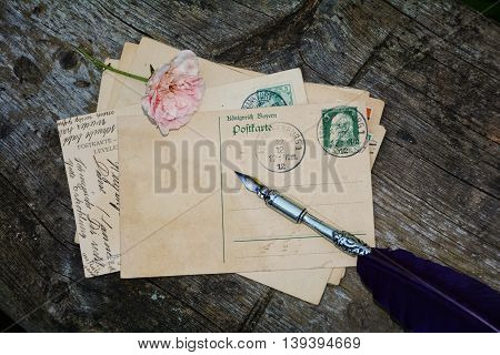 old blank vintage postcard with old stamp is on old wood with pink rose and nib