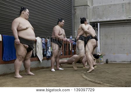 TOKYO, JAPAN - May 18, 2016: Japanese sumo wrestler training in their stall in Tokyo on May 18. 2016