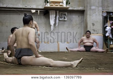 TOKYO, JAPAN - May 18, 2016: Japanese sumo wrestler training in their stall in Tokyo on May 18. 2016