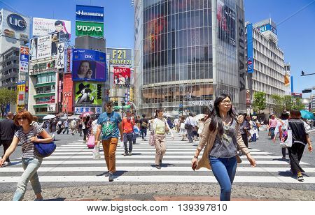 TOKYO, JAPAN - May 18, 2016: Shibuya, It's the shopping district which surrounds Shibuya railway station. This area is known as one of the fashion centers and major nightlife of Japan on May 18, 2016.