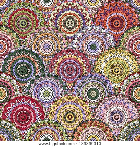 Vector boho chic flower seamless pattern. Elegant floral background for wallpaper, gift paper, fabric print, furniture, curtains. Mandala design element. Unusual flourish ornament. Blue, green