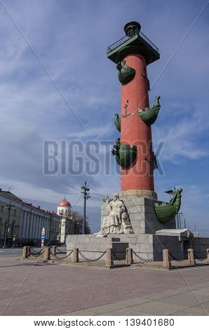Sankt Peterburg, Russia - April 17, 2016: Spit Of Vasilievsky Island, View On Rostral Column.