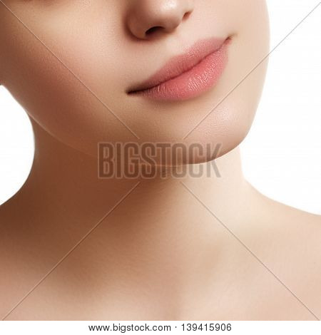 Close-up Of Woman's Lips With Fashion Natural Beige Lipstick