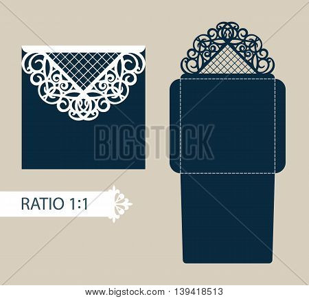 Layout congratulatory envelope with carved openwork pattern. The template for greetings invitations etc. Picture suitable for laser cutting plotter cutting or printing. Vector
