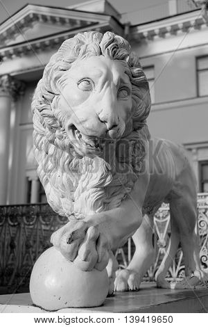 Statue of lion in Yelagin park in St.Petersburg Russia. Black and white.