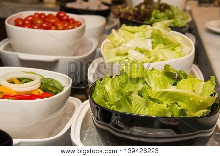 Selection of slads at a buffet bar in hotel restaurant