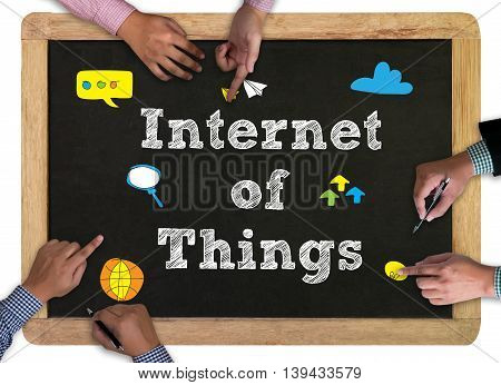 Business Man Hand Working And Internet Of Things (iot) Word Concept
