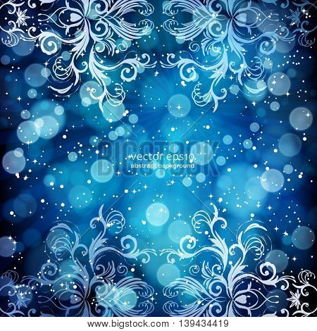 Abstract floral pattern on a blue background, made of transparent rays, stars, bokeh. Magical fantasy flowers design card.  