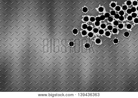 shotgun bullet hole on red diamond plate. metal background. 3d illustration.