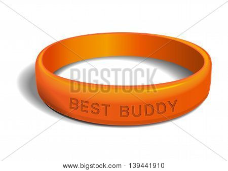 Orange plastic wristband with the inscription - BEST BUDDY. Friendship band isolated on white background. Realistic vector illustration for International Friendship Day