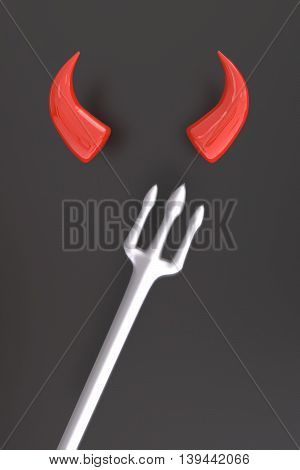 3D rendering of red horns and fork in black background