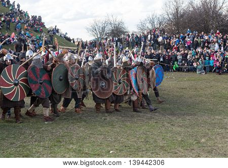 KRAKOW POLAND - MARCH 29 2016: Unidentified participants of Rekawka - Polish tradition celebrated in Krakow on Tuesday after Easter. Currently has the character of festival historical reconstruction