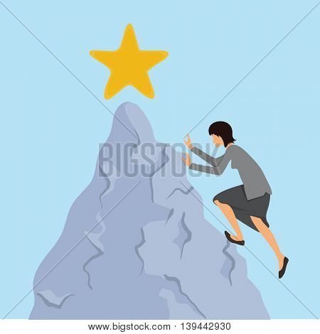 Woman in business clothes climbs on the rock to the mountain top. Reaching the goal concept, vector illustration.