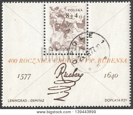 MOSCOW RUSSIA - CIRCA JANUARY 2016: a post stamp printed in POLAND shows a signature of artist Peter Paul Rubens devoted to the 400th Anniversary of the Birth of Peter Paul Rubens circa 1977