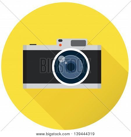 Reto photo camera on yellow background and long shadow, flat vector illustration