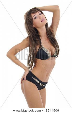 sexy model nosí bikiny černé na bílém pozadí izolované