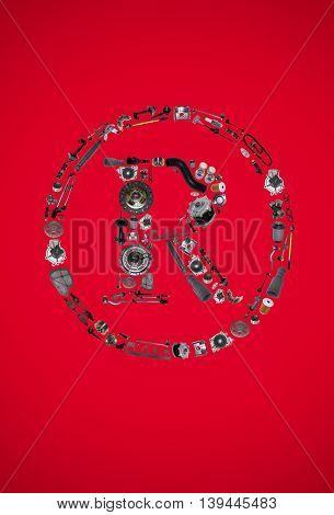 Trade Mark icone with auto parts for car. Spare parts for car for shop, aftermarket OEM. Many auto parts isolated in Trade Mark icone. Car parts